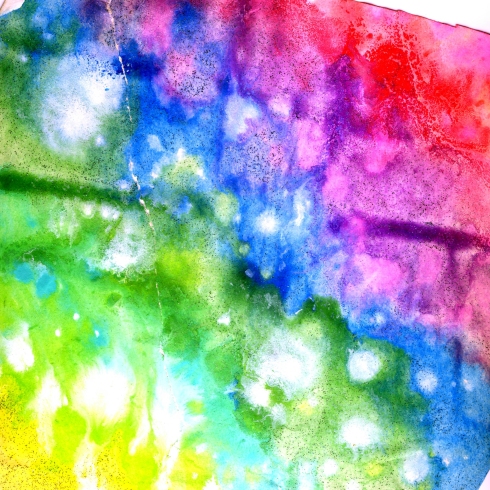 "Rainbow with Stars". A wet-on-wet tempera and watercolour painting with white gouache spatters by a 4-year-old. 